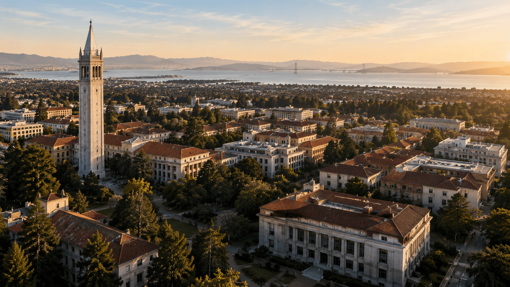 UC Berkeley 校园与 Sather Tower 鸟瞰景观